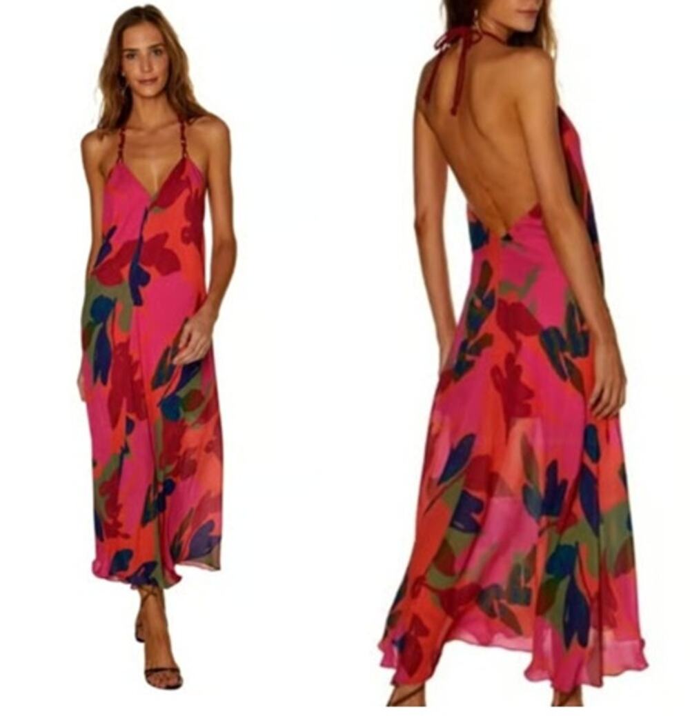 Vix Paula Hermanny Mika Scarf Halter Maxi Dress Womens XS Pink Floral Open Back